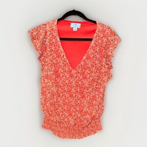 CeCe Coral Red Floral V-Neck Ruffle Sleeve Blouse